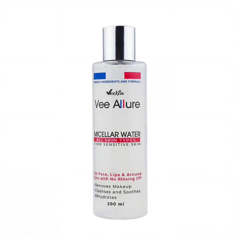Vee Allure Micellar Water gentle makeup remover and cleanser bottle with natural ingredients background