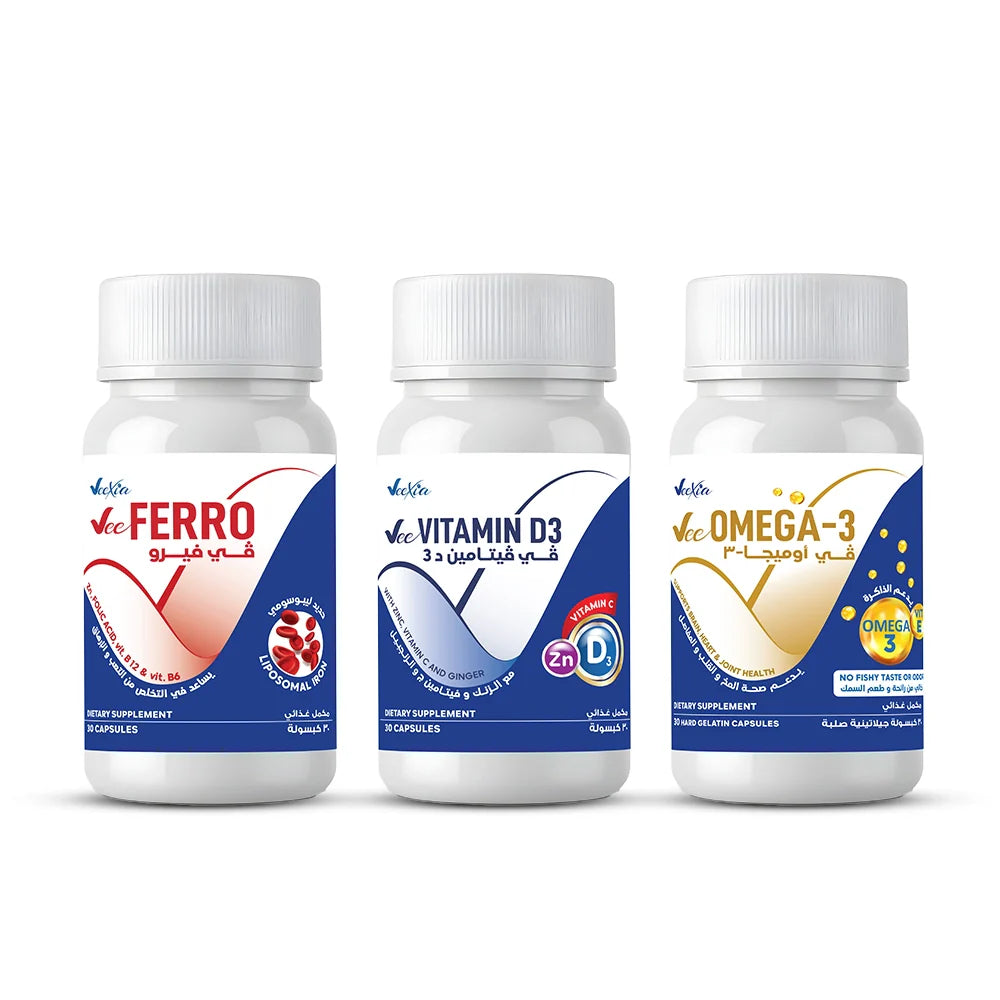 Veexia Daily Wellness Trio supplement bundle with Omega 3, Vitamin D3, and Iron capsules for overall health and energy