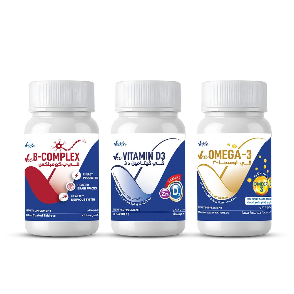 Veexia Daily Power & Strength Bundle with Vitamin D3, Omega 3, and B-Complex capsules for energy, bone, heart, skin, and immune support