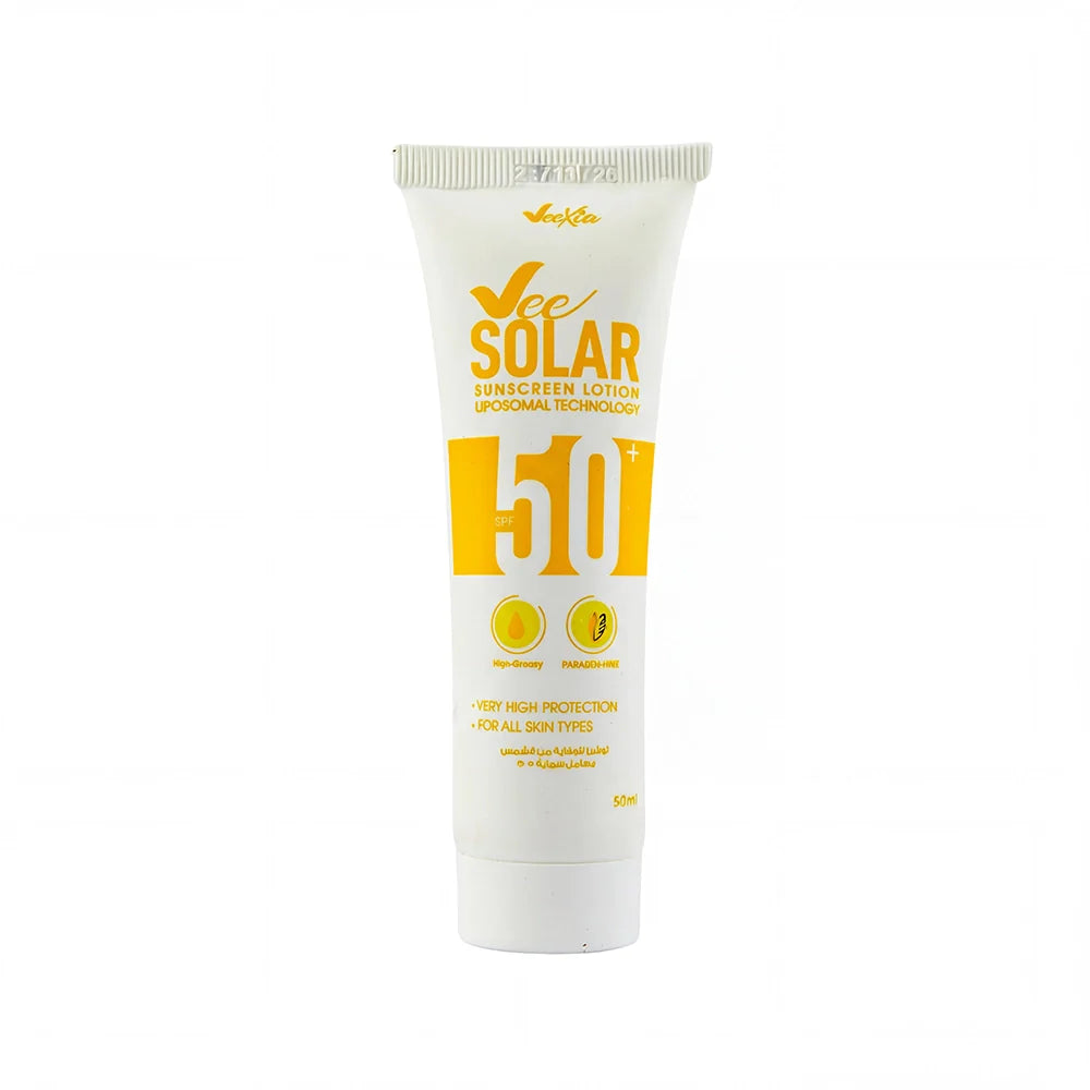 Vee Solar Sunscreen SPF 50 lotion with advanced French liposomal technology for deep UV protection and hydration