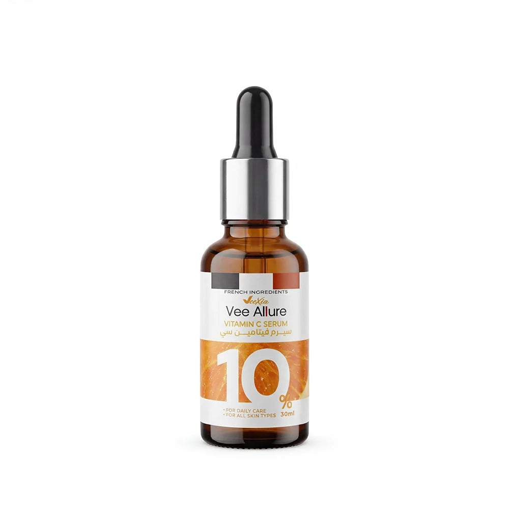 Vee Allure Vitamin C Serum bottle with bright glowing skin effects and radiant face illustration