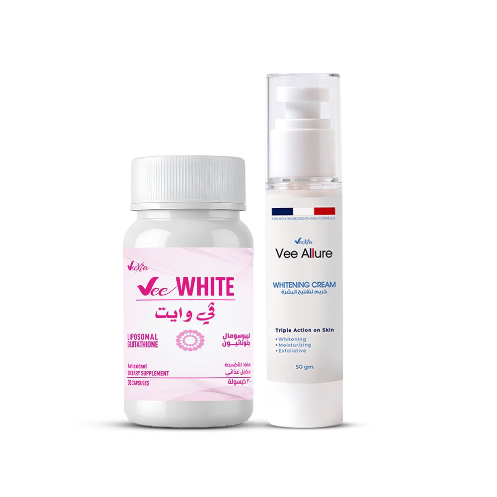 Veexia Whitening Skin Care Bundle with topical cream and oral supplements for radiant, even-toned skin