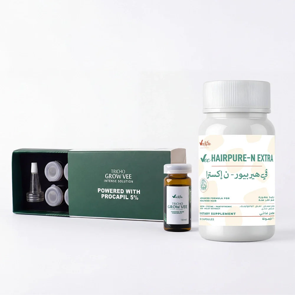 Veexia anti-hair loss bundle with supplement, ampoules, and gift bag for hair fall treatment