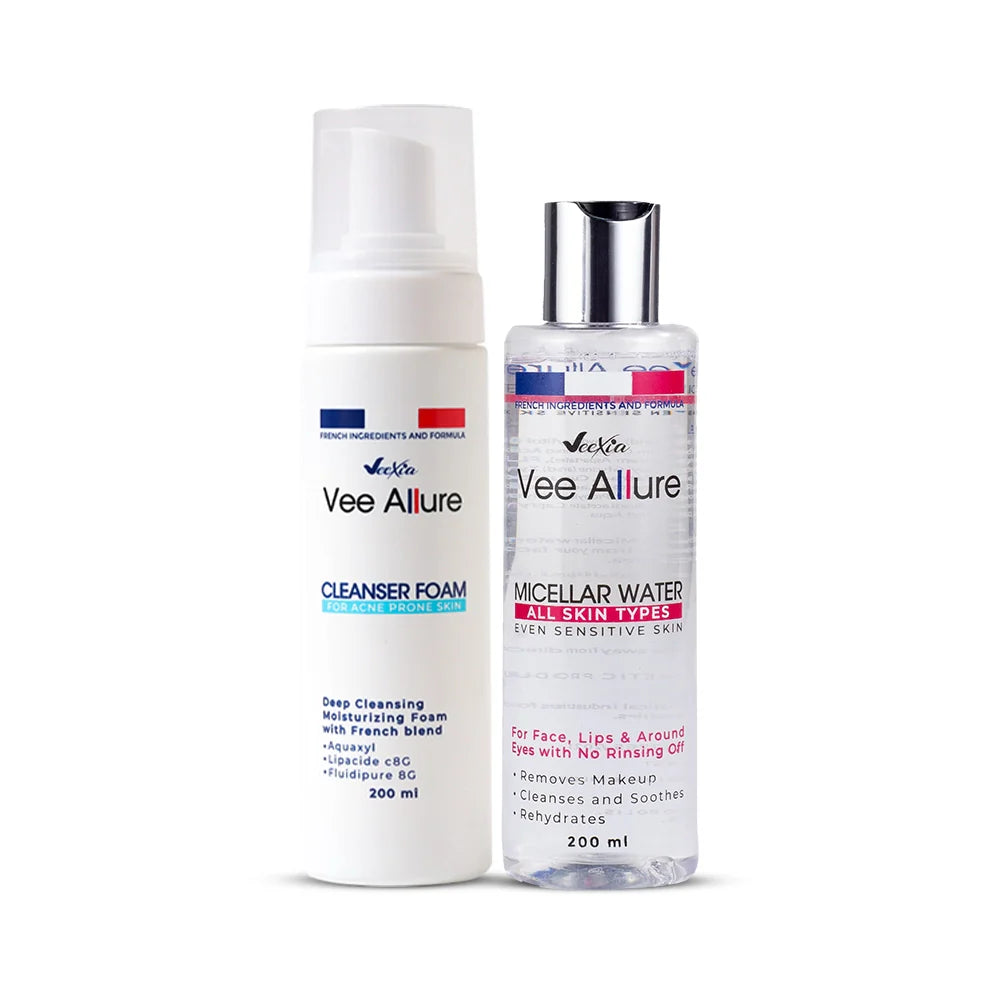 Veexia Double Cleansing Bundle with micellar water and foaming cleanser for oily skin care