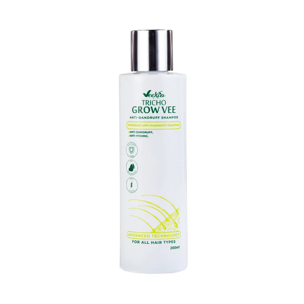 Tricho Grow Vee Anti Dandruff Shampoo bottle with clean and healthy scalp background