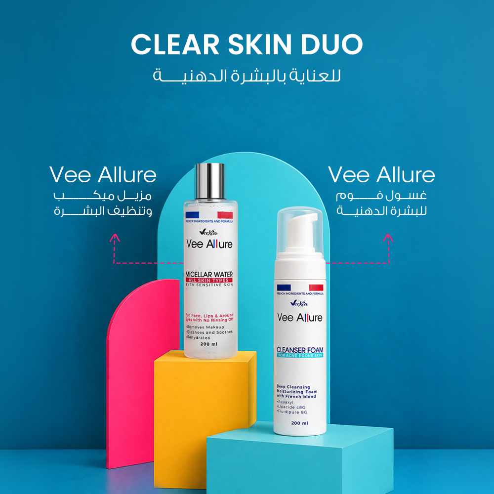 Veexia Double Cleansing Bundle with clear micellar water and white foaming cleanser bottles, displayed on colourful blocks.