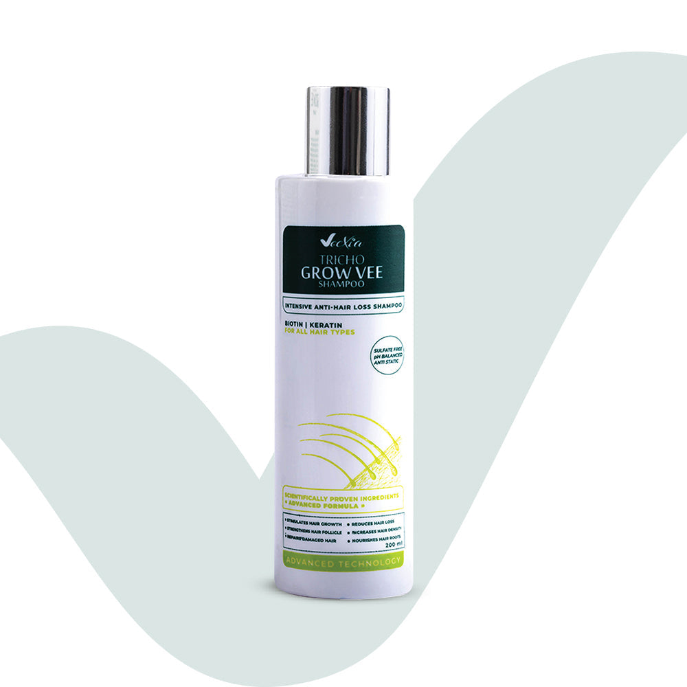 Tricho Grow Vee Anti-Dandruff Shampoo bottle with hydrating botanicals and antifungal agents.
