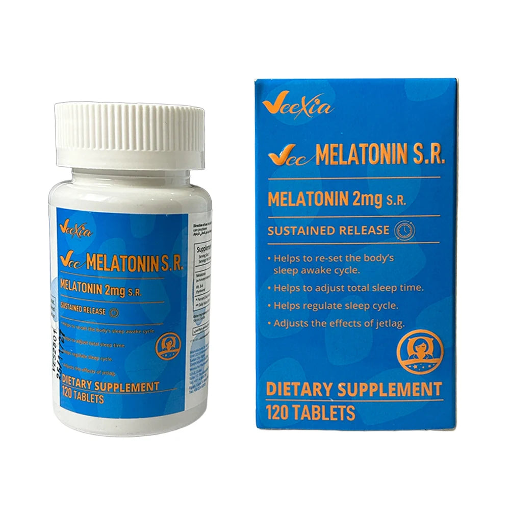 Vee Melatonin S.R. 2 mg sustained release tablets supplement for sleep cycle regulation and jetlag relief, 120 count bottle and box.