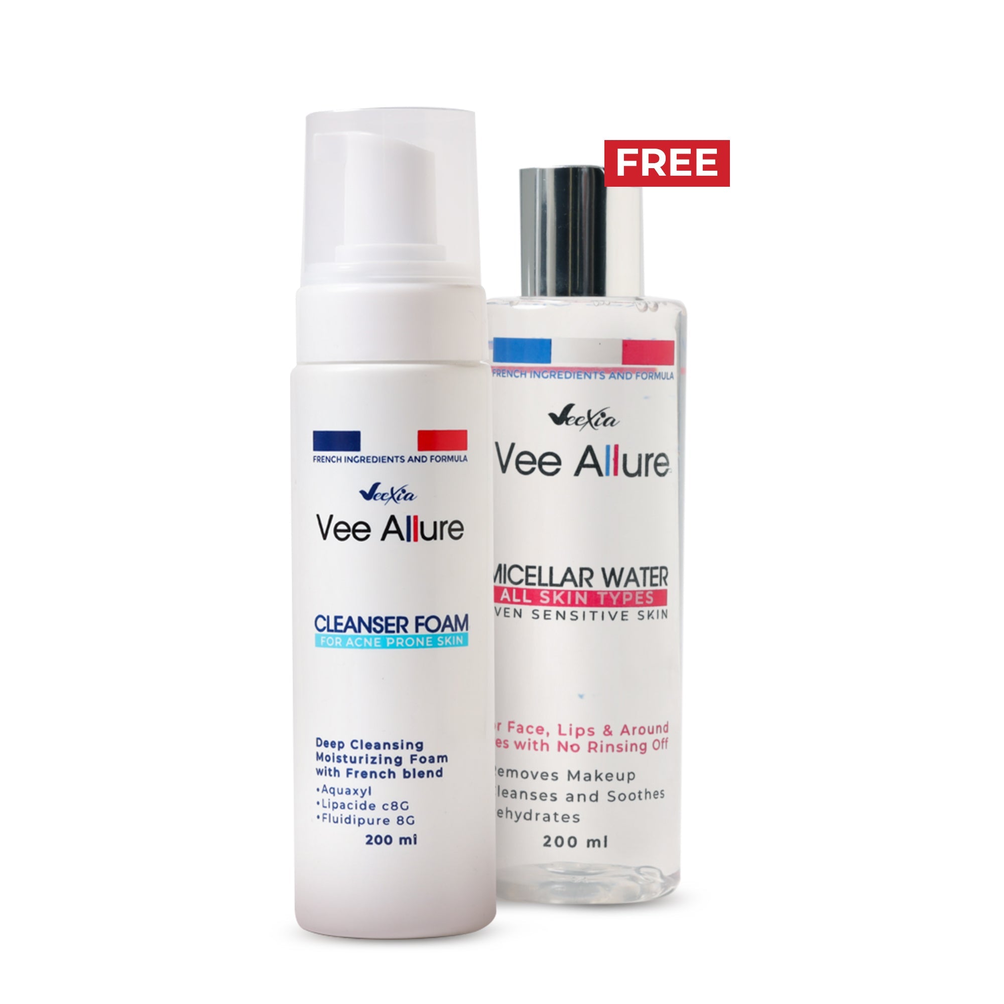 Veexia Double Cleansing Bundle with Cleanser Foam and free Micellar Water for deep cleansing and makeup removal