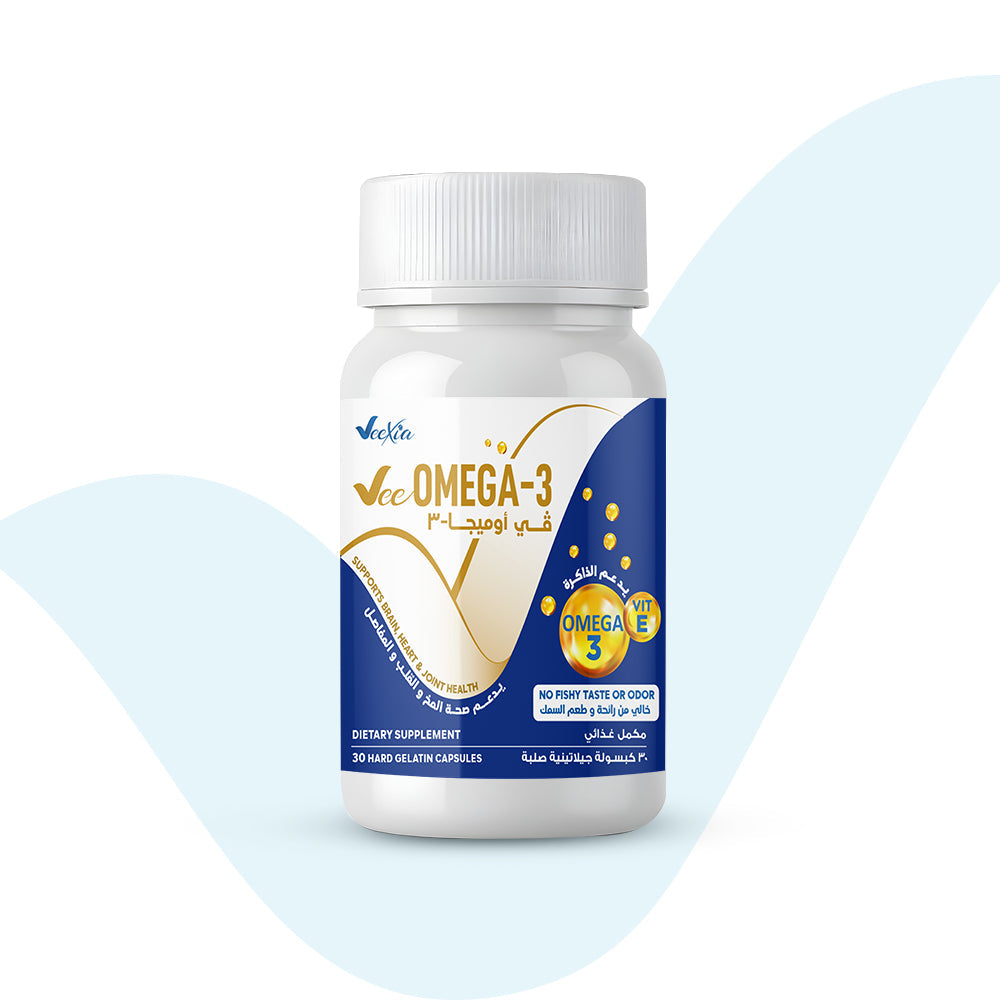 Vee Omega-3 dietary supplement bottle with omega-3 and vitamin E for heart, brain, and joint health benefits
