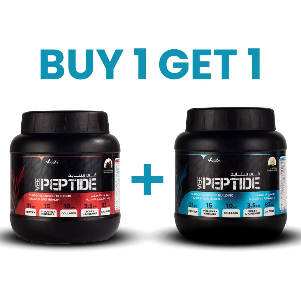 Vee Peptide whey protein concentrate powder in vanilla and chocolate flavors with 21g protein per scoop buy 1 get 1 free
