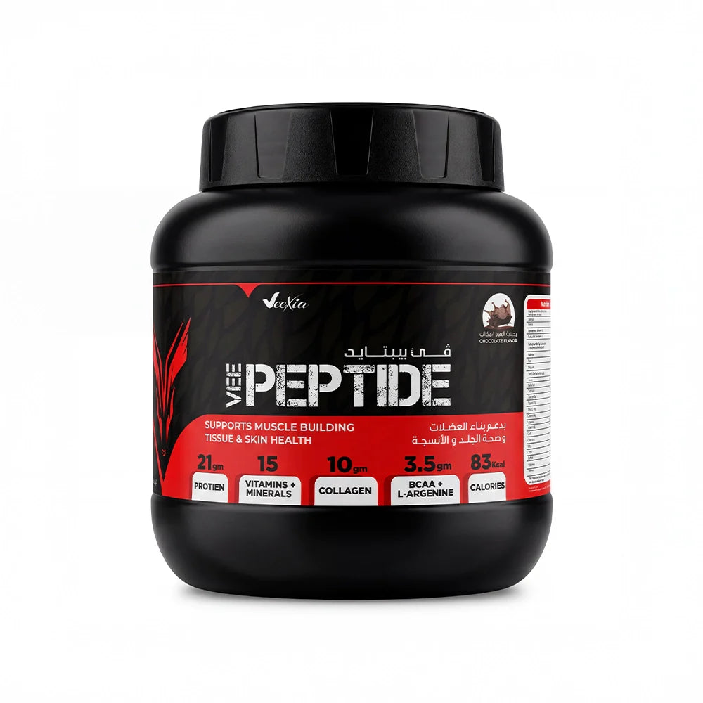 Vee Peptide Whey Protein Concentrate powder in vanilla and chocolate flavors for muscle building and nutrition