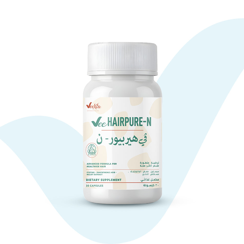 Vee Hair Pure-N Extra supplement bottle for hair strength and growth.