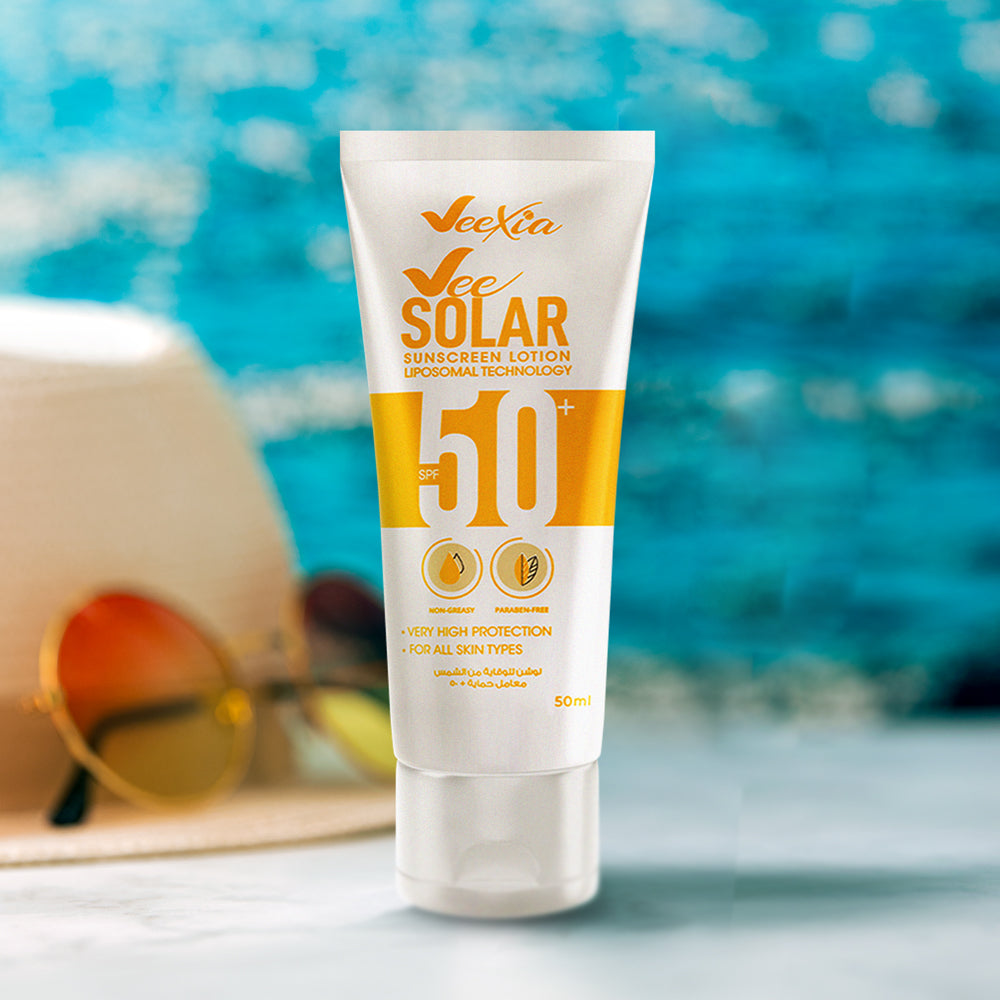 Vee Solar Sunscreen SPF 50 tube with liposomal technology for long-lasting sun protection by poolside