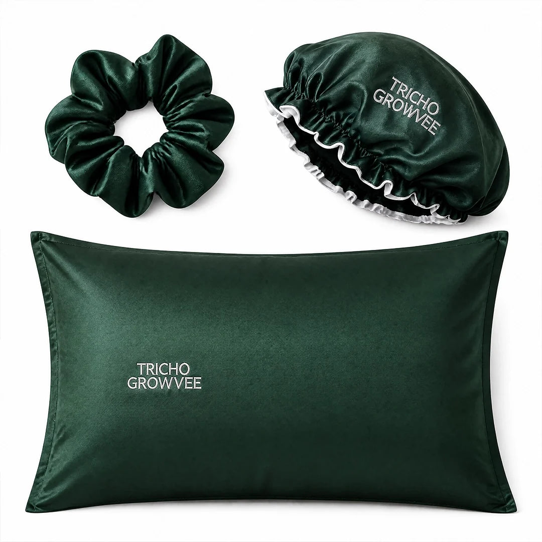 Tricho Satan Set satin bonnet, scrunchie, and pillowcase package