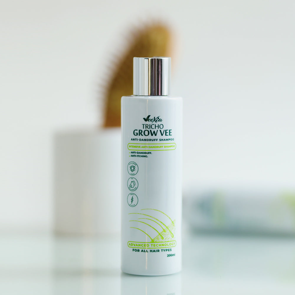 Tricho Grow Vee anti dandruff shampoo bottle for flake-free scalp and healthy hair
