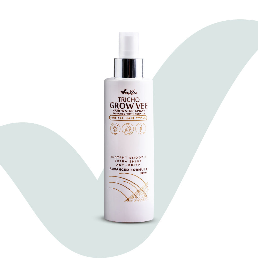 Tricho Grow Vee Hair Water Spray with Aquaxyl, keratin, and vitamin E for hydration and anti-frizz.