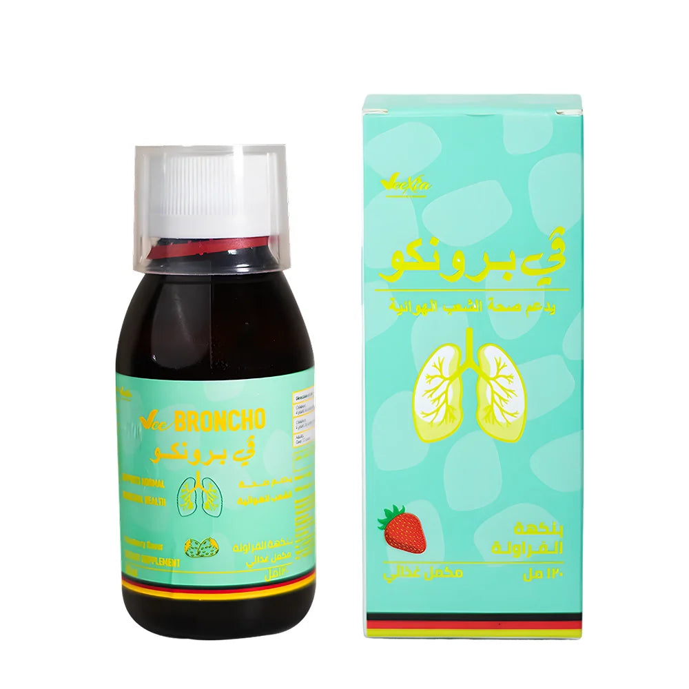 Vee Broncho natural herbal cough syrup with thyme and primrose extracts for respiratory relief, suitable for children and adults.