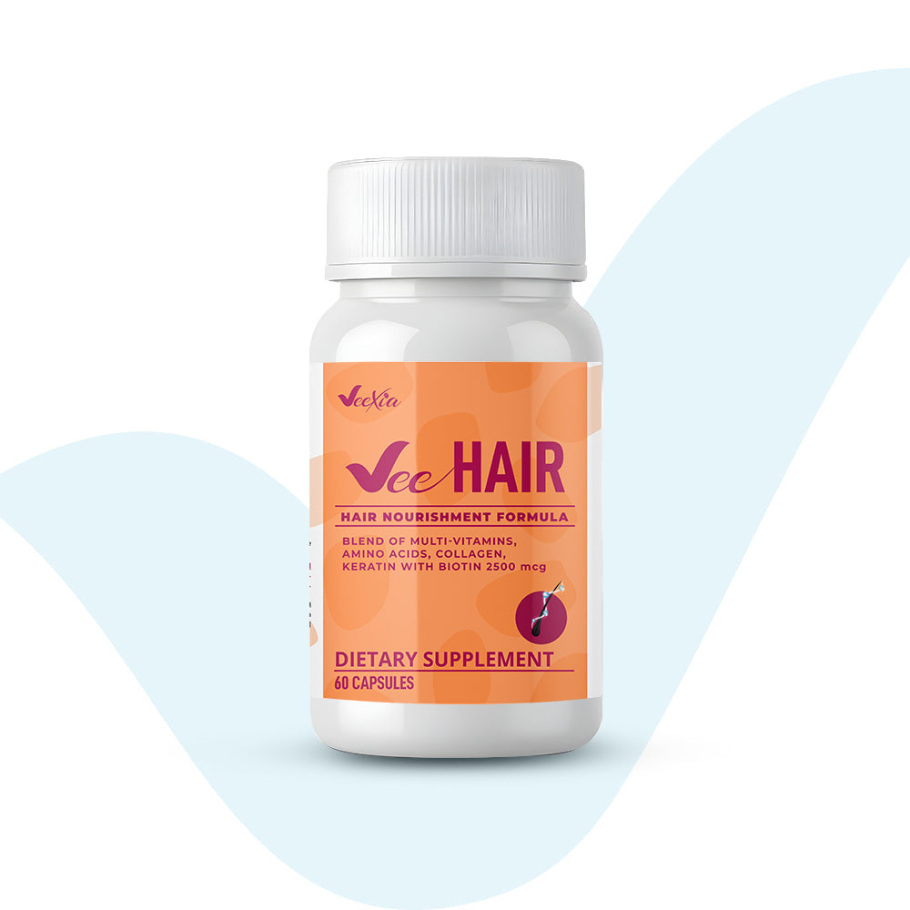 Vee Hair dietary supplement bottle with hair nourishment formula and 60 capsules for hair growth and health.