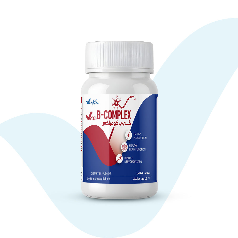 Vee B-Complex dietary supplement bottle for energy production, brain function, and nervous system health
