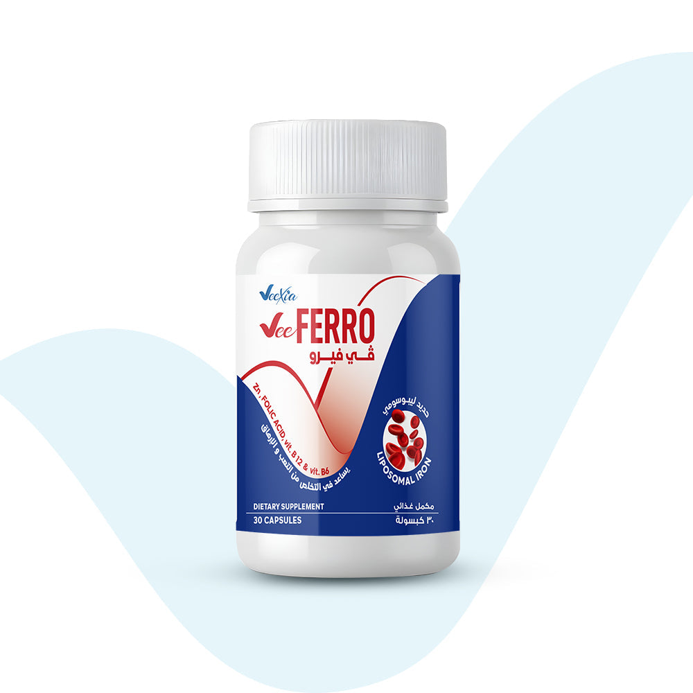 Vee Ferro liposomal iron supplement bottle with essential vitamins and minerals for iron deficiency and well-being
