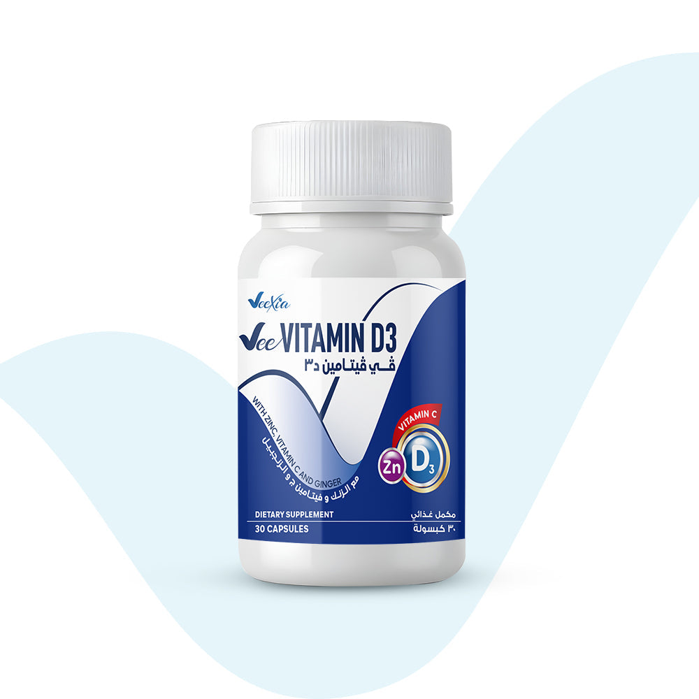 Vee Vitamin D3 dietary supplement bottle with 30 capsules for healthy bones, muscles, and immune support