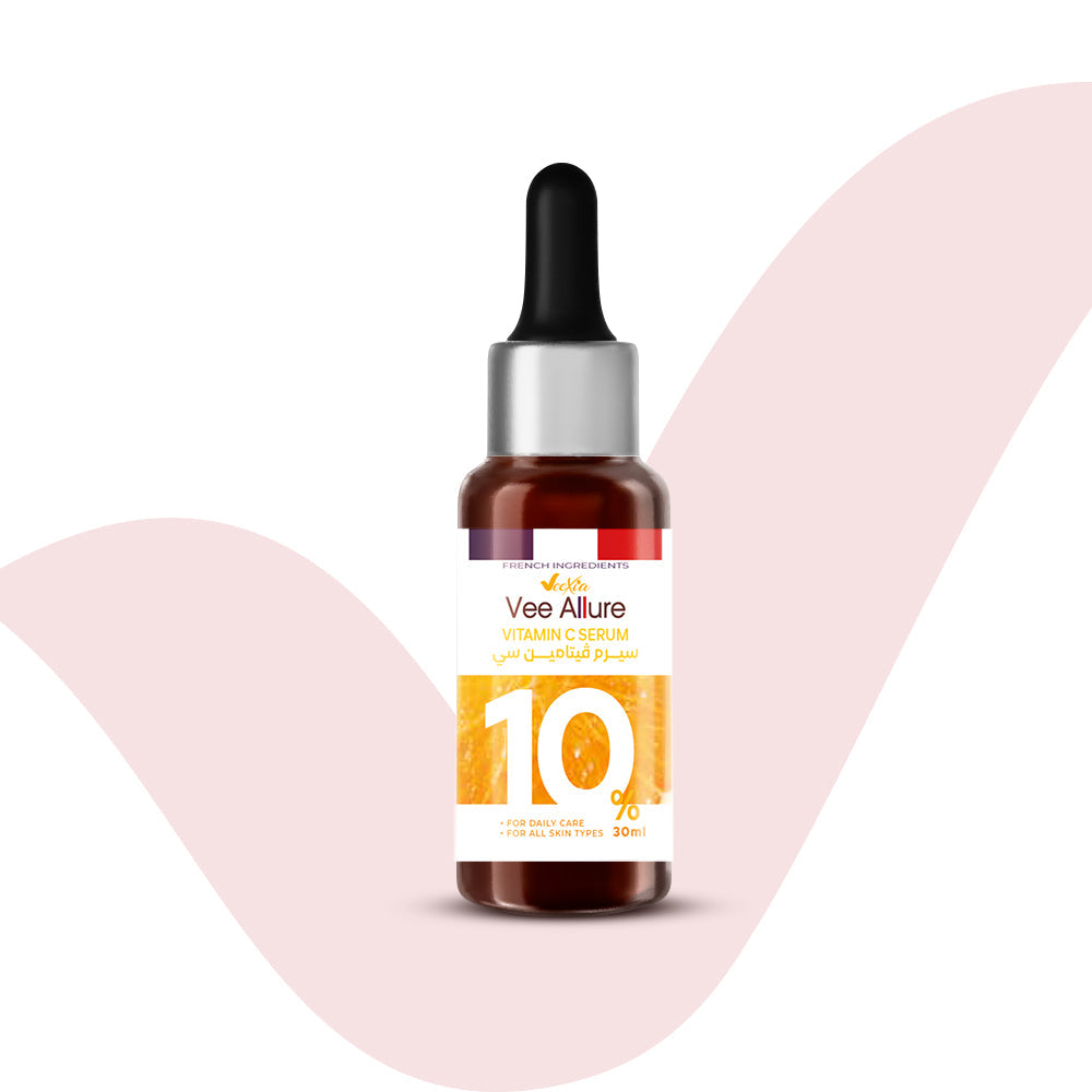 Vee Allure Vitamin C Serum 10% in brown dropper bottle with orange label for daily skincare