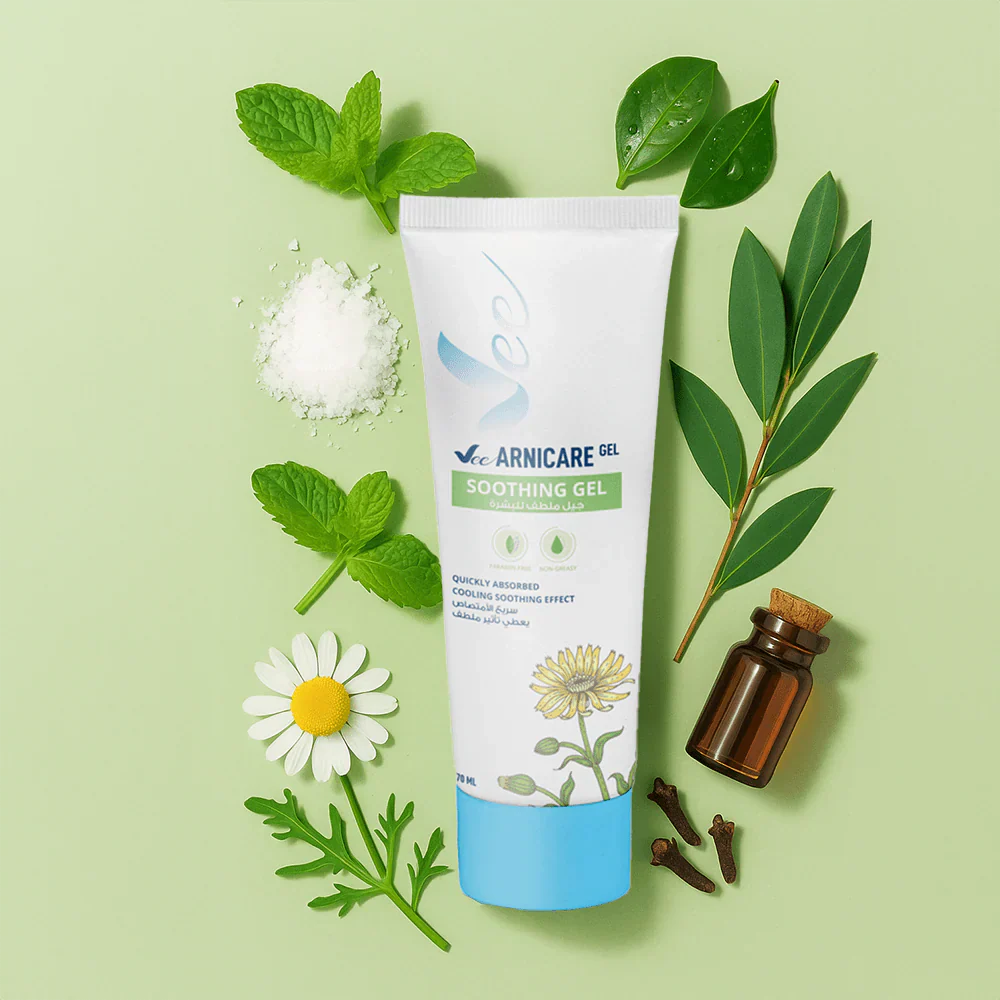 Vee Arnica Soothing Gel tube with natural herbs and essential oil on green background for sensitive skin relief