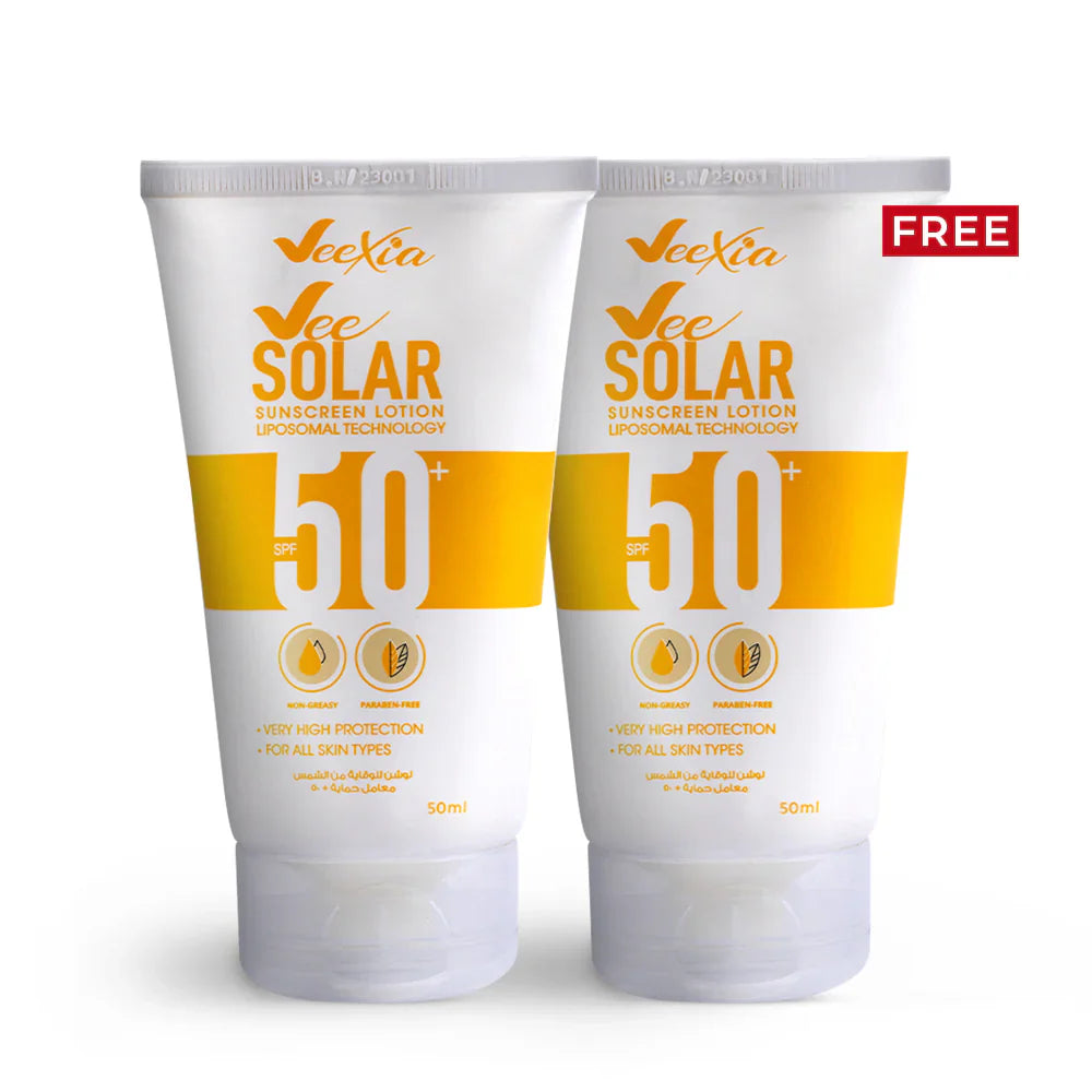 Vee Solar Sunscreen SPF 50 lotion with liposomal technology for 8-10 hours UV protection, French formula, 50ml tubes, high sun defense