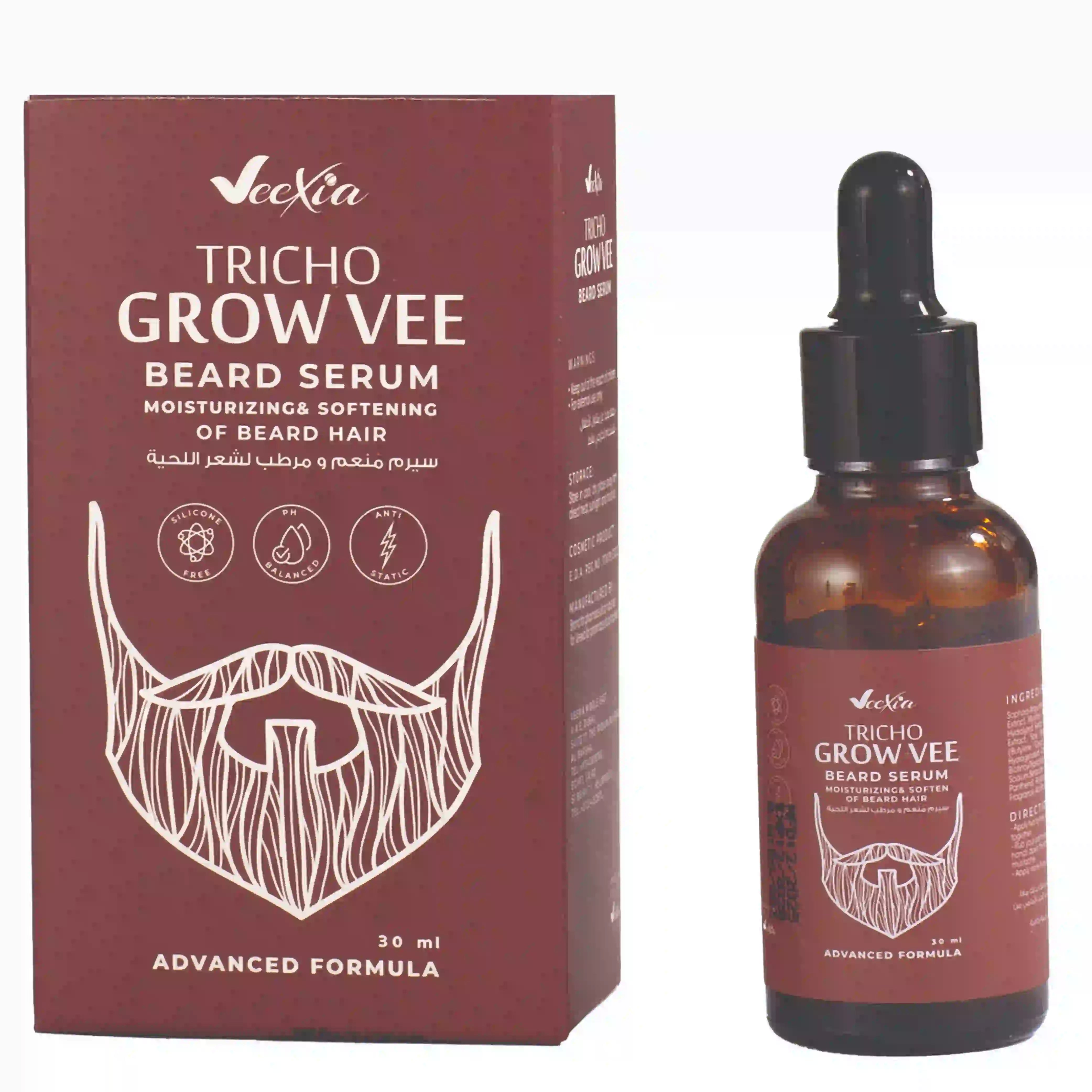 Tricho Grow Vee Beard Serum bottle with natural ingredients for beard growth and care