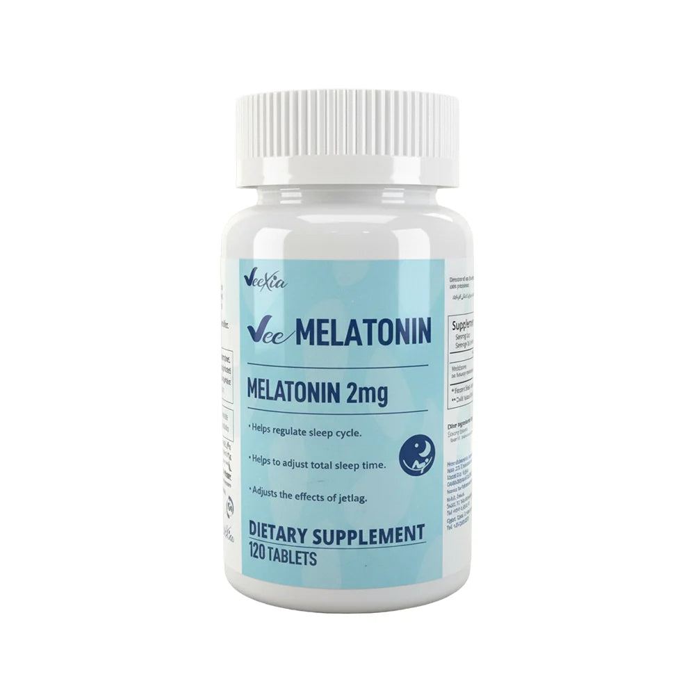 Vee Melatonin tablets 2mg bottle for natural faster sleep and jet lag relief