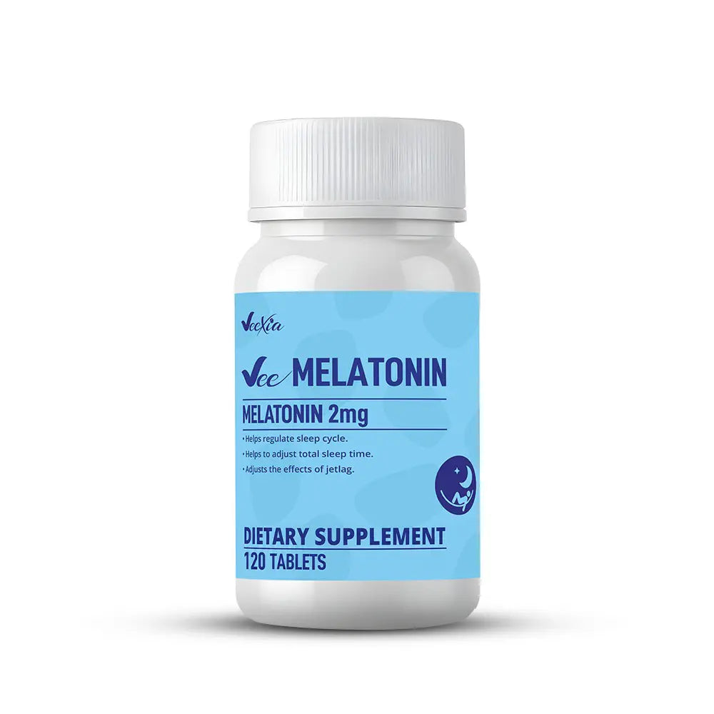 Vee Melatonin tablets in a white plastic bottle with a blue label, marked 2 mg and 120 tablets.