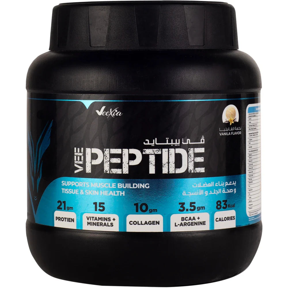 Vee Peptide whey protein powder with L-Arginine, collagen, vitamins, and minerals for muscle growth and skin health, vanilla flavor