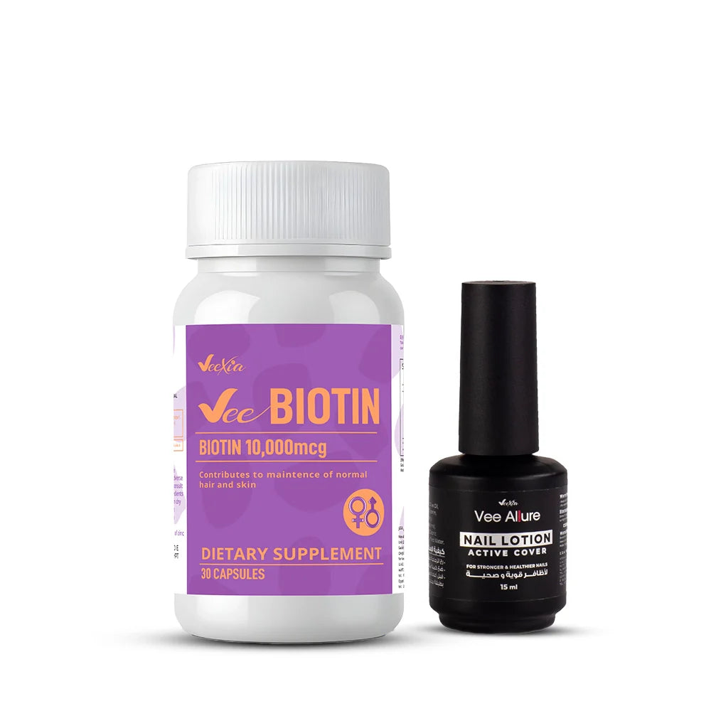 Veexia Nail Care Bundle with biotin supplement, nail lotion, and travel bag for stronger, healthier nails