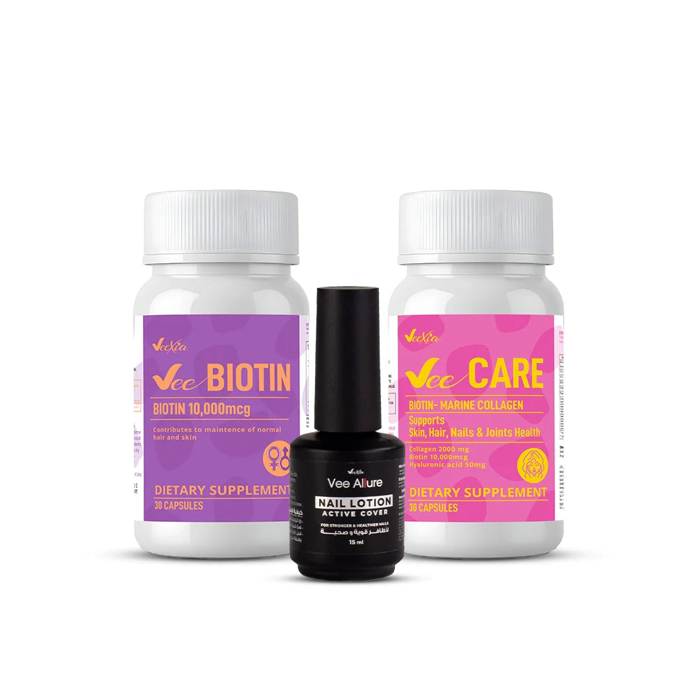 Veexia Hair, Skin & Nails Bundle with Vee Care Capsules, Vee Biotin Capsules, and Vee Allure Nail Lotion for healthy hair, radiant skin, and strong nails