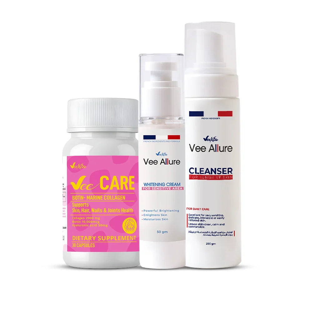 Veexia Sensitive Skin Care Bundle with cleanser, whitening cream, and marine collagen capsules for brightening and moisturizing sensitive skin