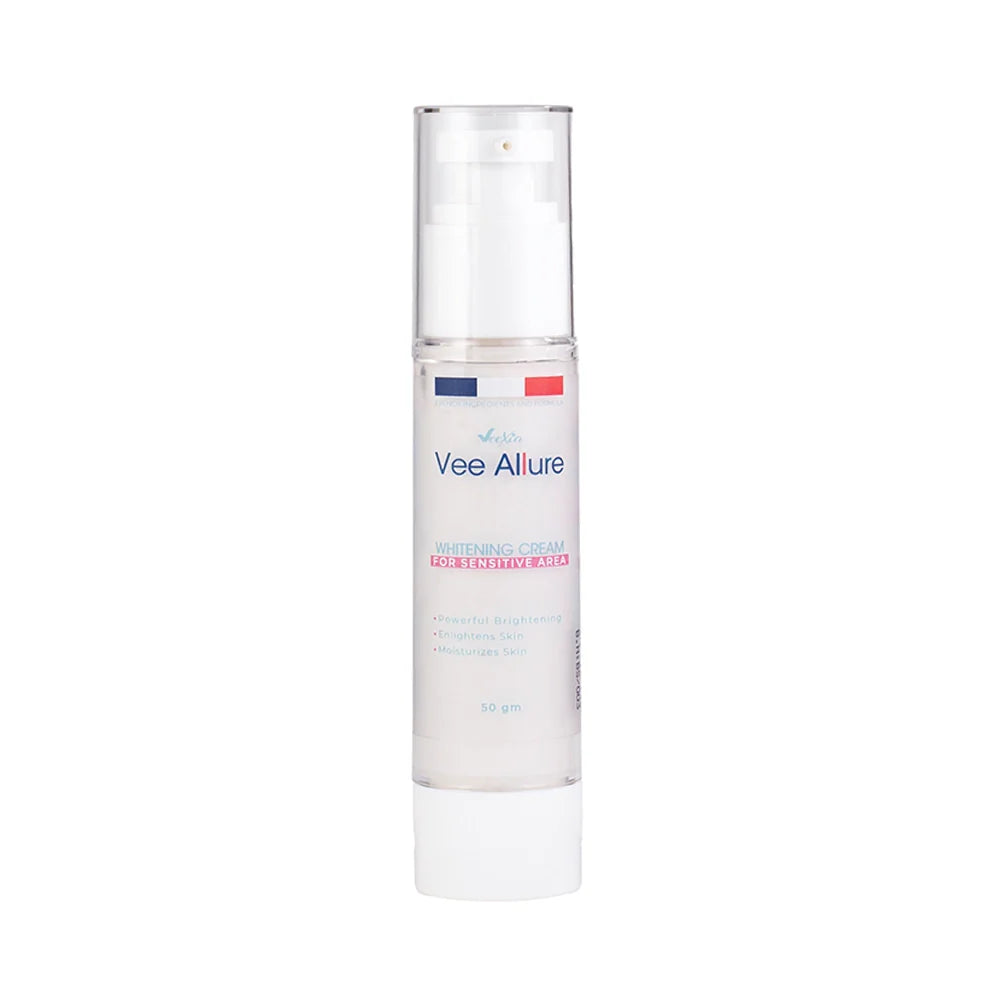 Vee Allure Whitening Cream packaging highlighting gentle brightening for sensitive areas