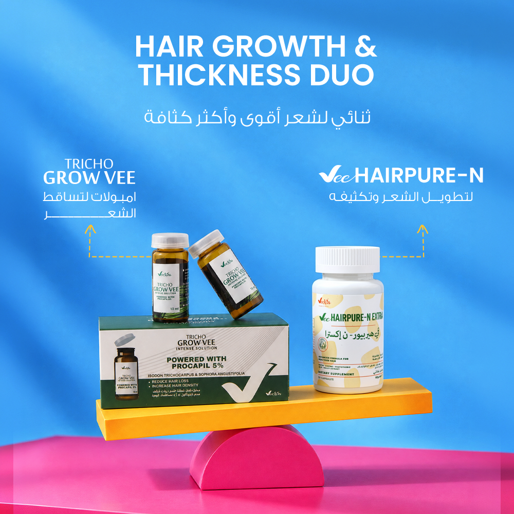 Hair growth care set, Anti-hair loss care Bundle with green-and-white bottles, ampoules, and a boxed treatment on a stand.