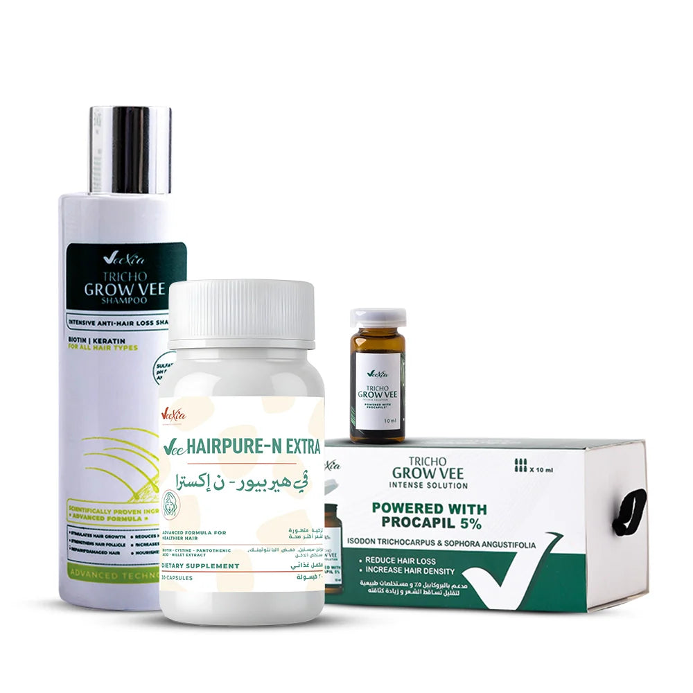 Veexia Advanced Hair Care Core Hair Rescue Bundle with anti-hair loss shampoo, intense ampoules, and nourishing capsules for stronger, thicker hair