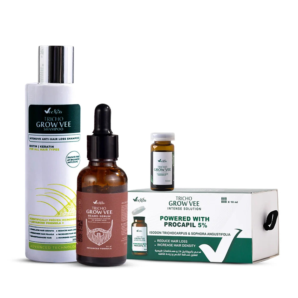 Veexia He & She Power Pack featuring Veexia Trio Bundle for hair and beard care with anti-hair loss shampoo, ampoules, and beard serum