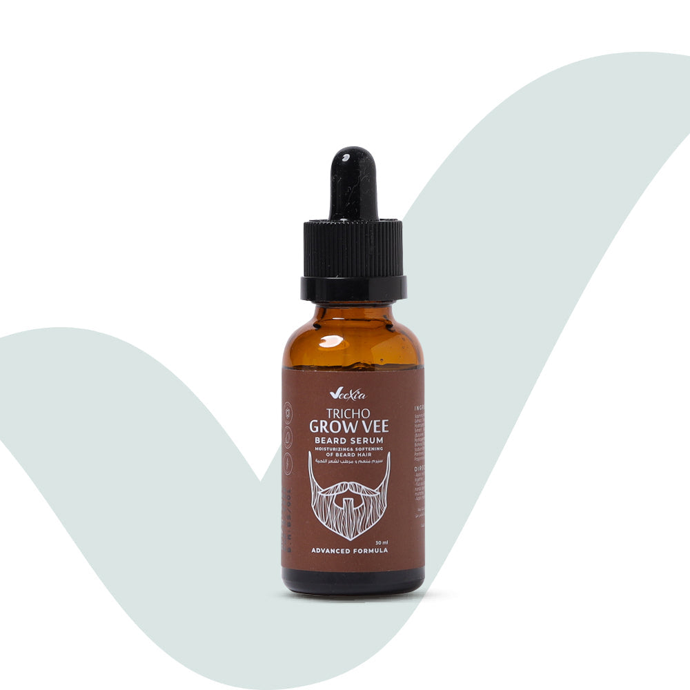 Tricho Grow Vee Beard Serum bottle with a dropper on a white background.