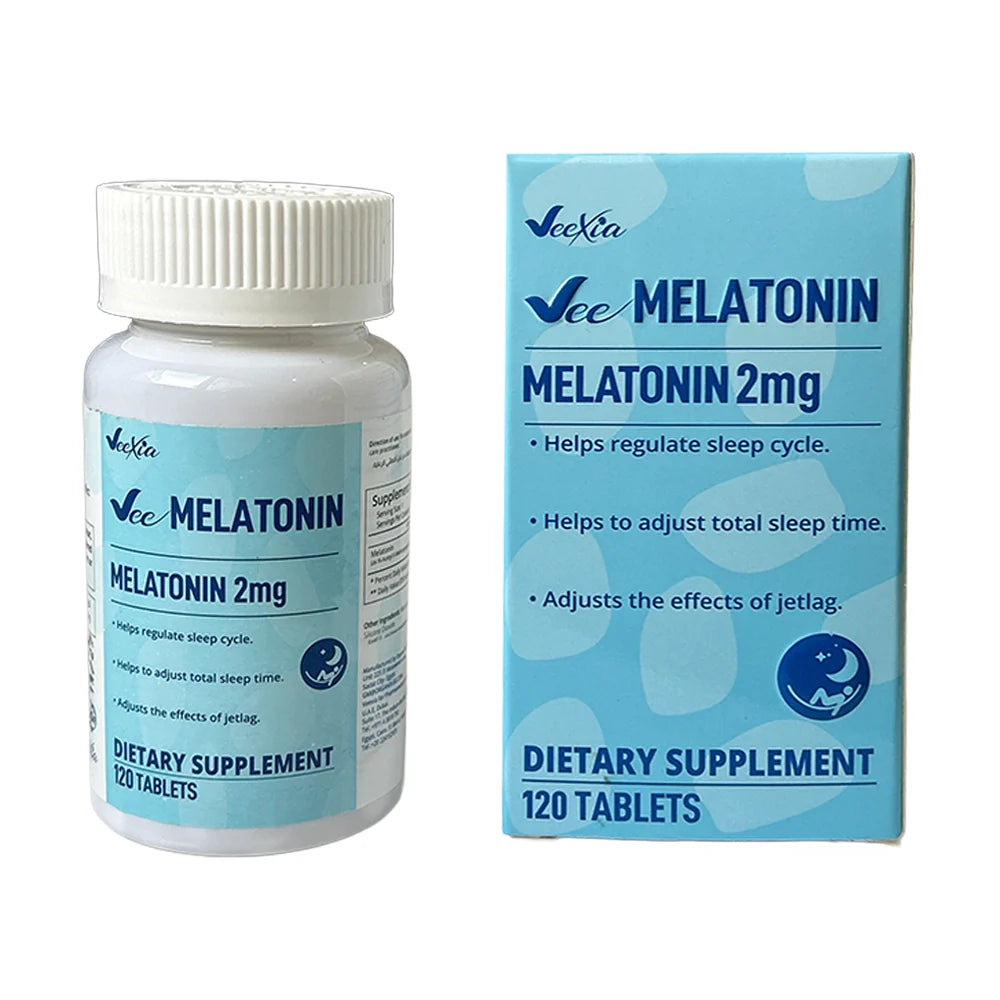 Vee Melatonin tablets 2mg dietary supplement for sleep regulation and jet lag relief, 120 tablets bottle and box