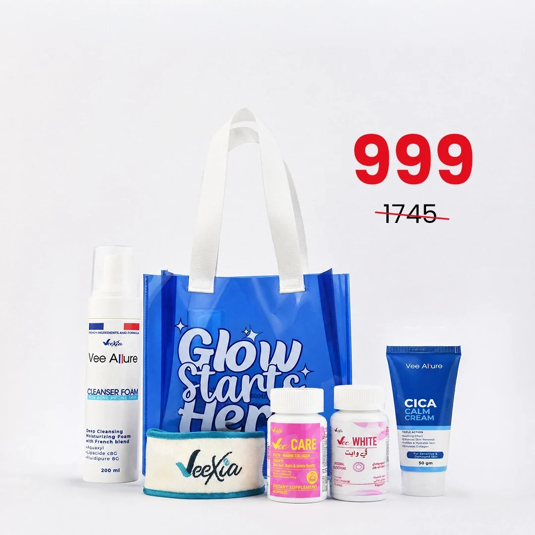 Mini Summer Glow Kit skincare set with cleanser, cica calm cream, Vee White, Vee Care, microfiber headband, and beach bag