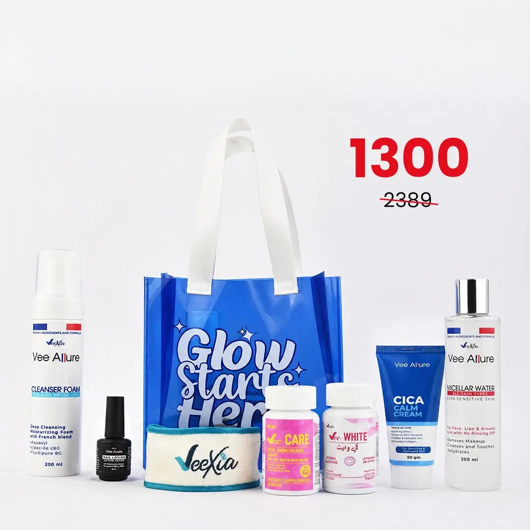 Summer Glow Kit skincare products with cleanser, cica cream, micellar water, nail lotion, capsules, headband, and beach bag