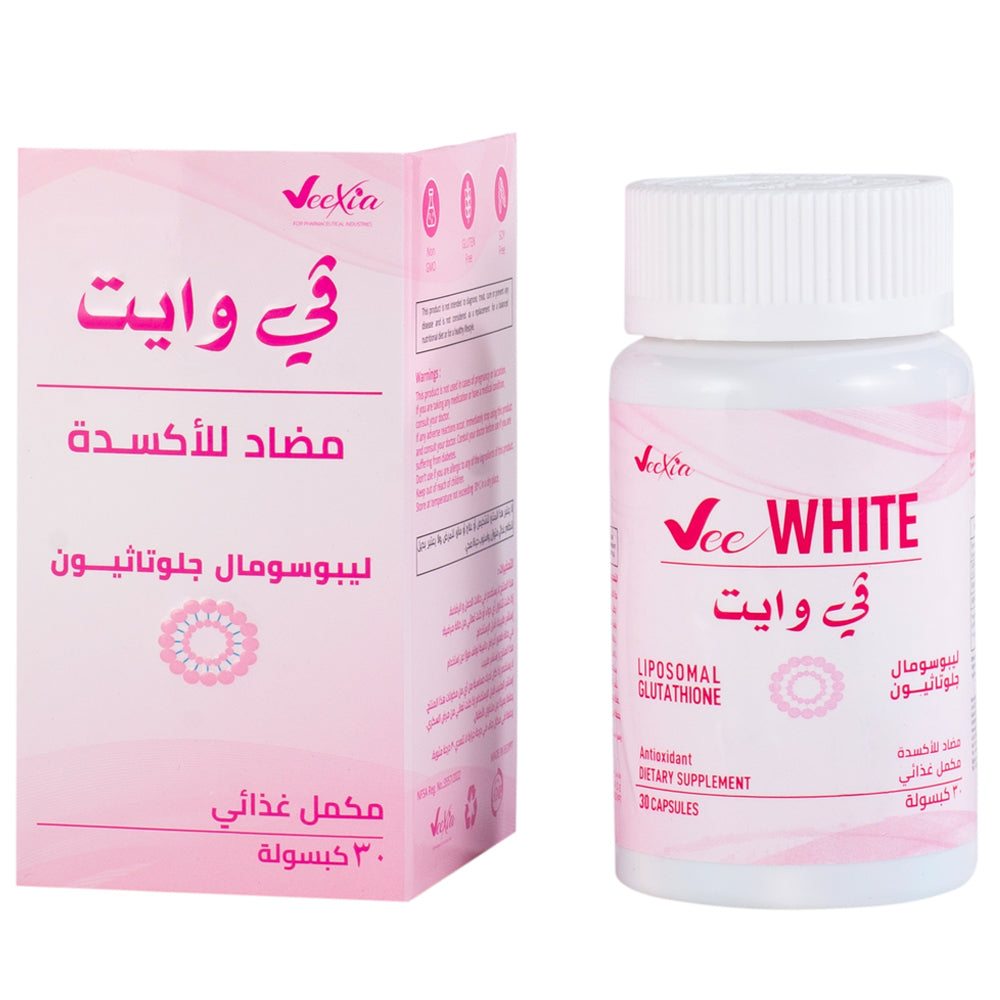 Vee White Liposomal glutathione supplement with Vitamin C for dark spot removal and glowing skin, 30 capsules in pink packaging